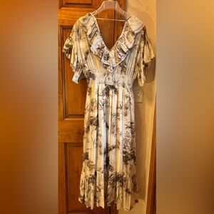 Sandro Paris NWT $450 Marro Tiered Ruffled Resort Dress Small Ivory/Brown Multi